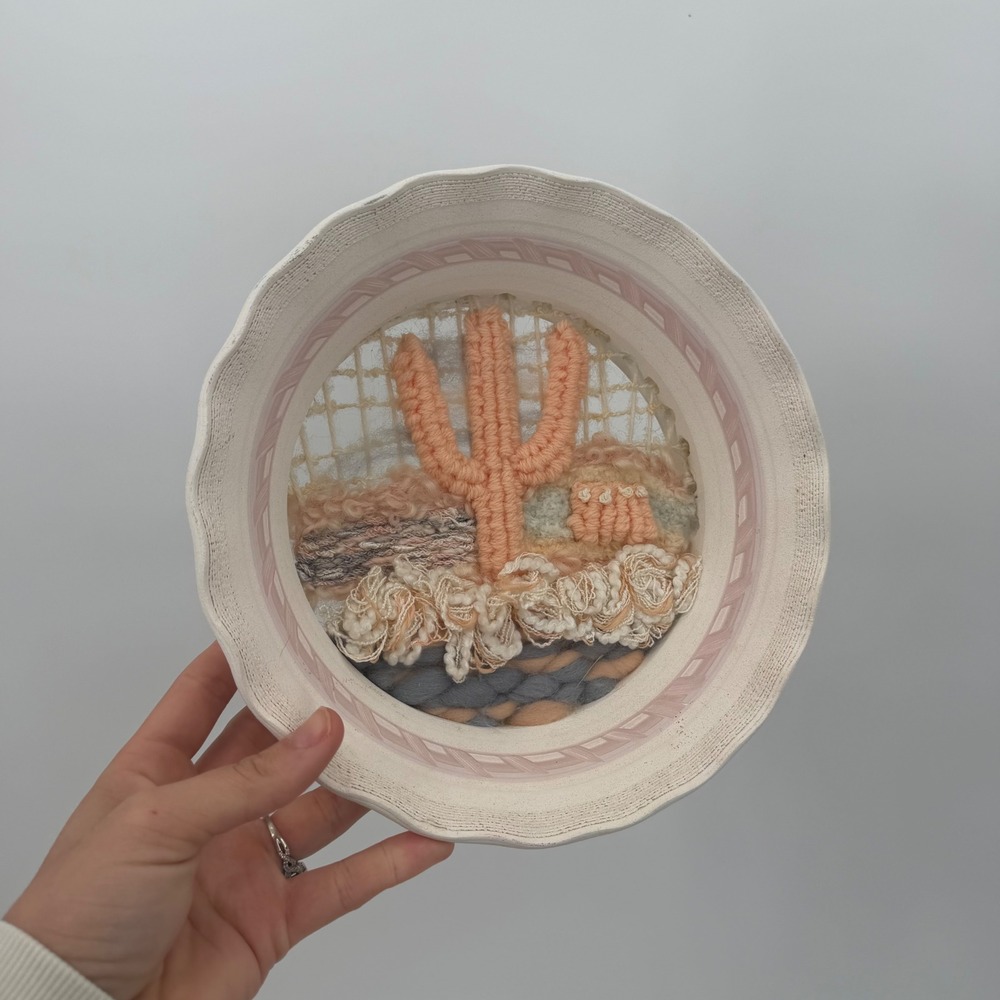 Handmade Woven Fiber Art Cactus Camper Desert Scene Scalloped Ceramic Frame 8.5"